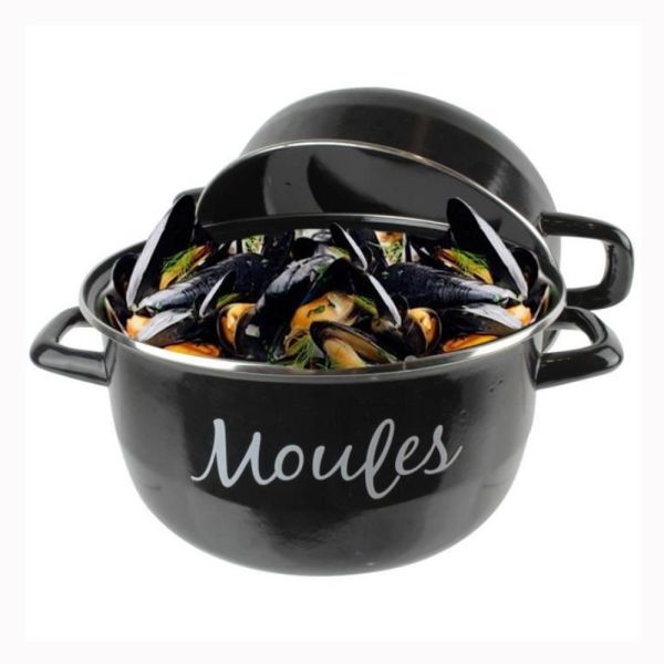 Enamel Black Cast Iron Deep Pot to Seafood Mussels Essential Restaurant Cookware
