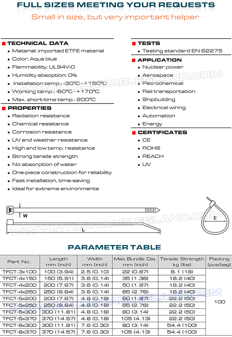 Blue Teflon Cable Tie 200 x 4.8mm, 94V-0 ETFE Cable Tie 50 Lbs Chemical Resistant Tefzel Cable Tie for Extreme Environments