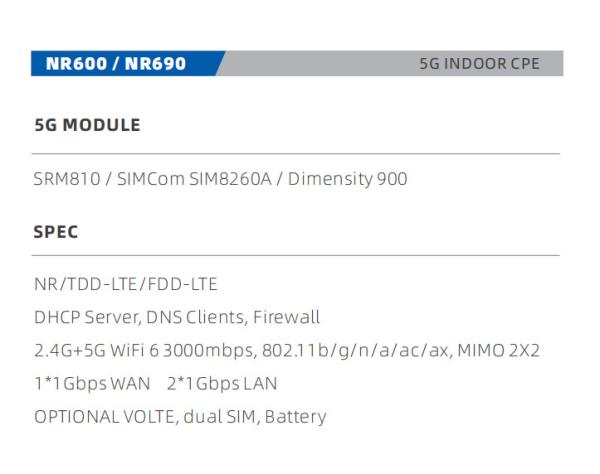 5G CPE モデム WiFi 6 ルーティング NR NSA / SA 無線 CPE 電圧 ギガビット イーサネット