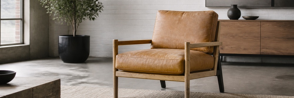 Modern Rustic Solid Wood and Leather Lounge Chair, 1-Seater LG-5012