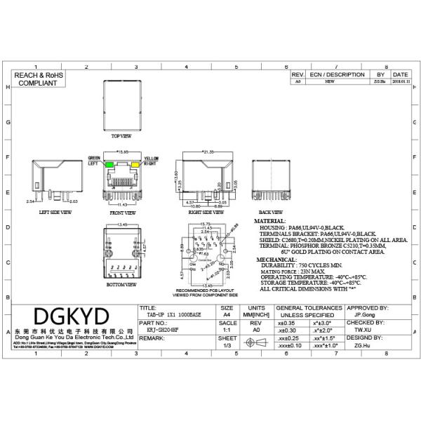 KRJ-SH204HF защищало порт cat6 RJ45 модульный Джек крана-вверх 1000 НИЗКОПРОБНЫЙ одиночный с внутренним magnetics