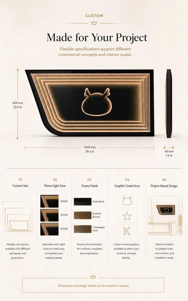 Kingstin Custom Black Metal Infinity LED Mirror Wall Art for Hotel Lobbies, Clubs & Lounges, 8+ Years OEM Project Support