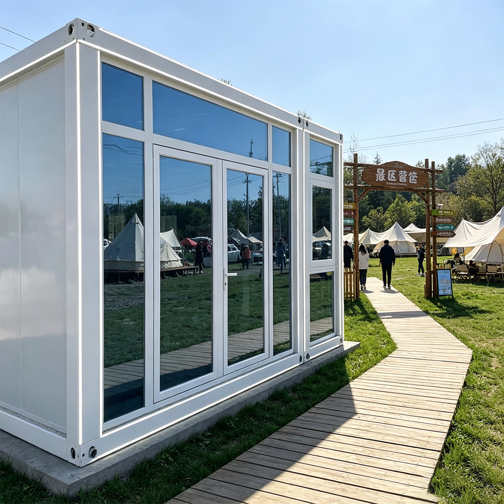 Outdoor Camping Resort Glass Wall Packing Box House With Thermal Insulation and Easy Relocation for Scenic Area Visitor Center