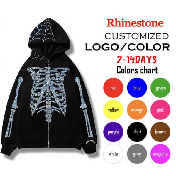 Custom Design Full Zip Up Hoodie with Double Layer Embroidery and Rhinestone Bling