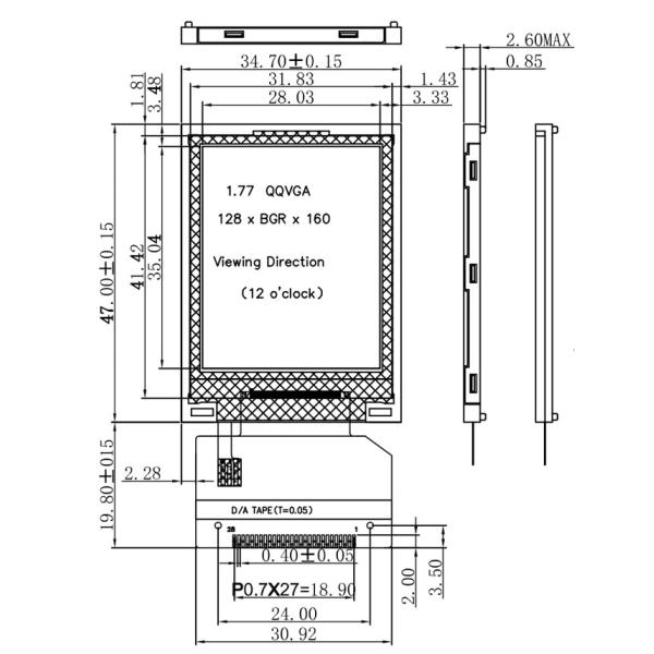 1.8 дюймовый промышленный TFT дисплей 128x160 точек 16-битный интерфейс с белым светодиодным подсветкой