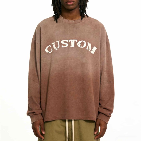 Custom Men Sweatshirts Oversized Vintage Wash Waffle Grid Pullover 300GSM Cotton Sweatshirt