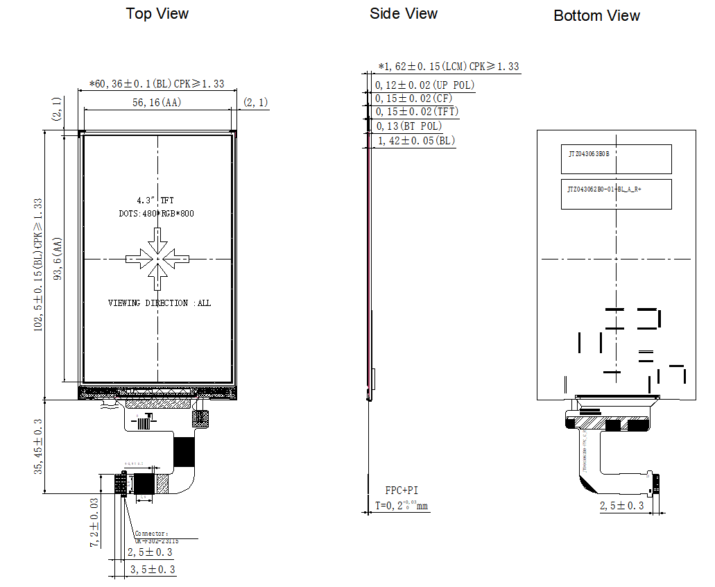 Industrial Use 4.3 Inch IPS TFT Display Screen 480x800 Resolution 250cd/M2 Luminance