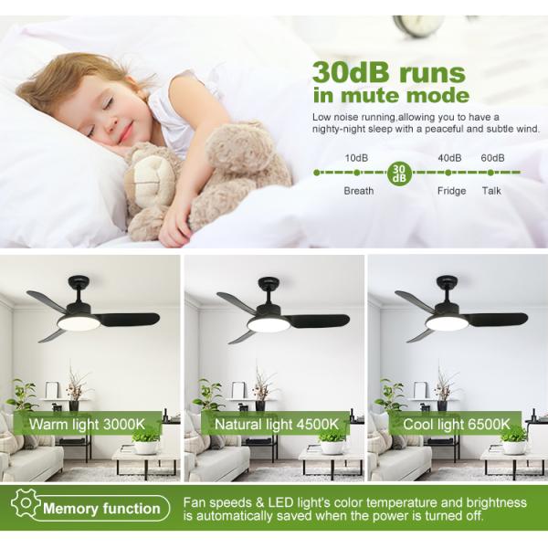 Ventilador de teto LED preto moderno de 43 polegadas com motor silencioso e função de ar condicionado