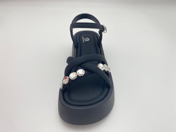 Women black bottomed sandals with rhinestone genuine leather in summer