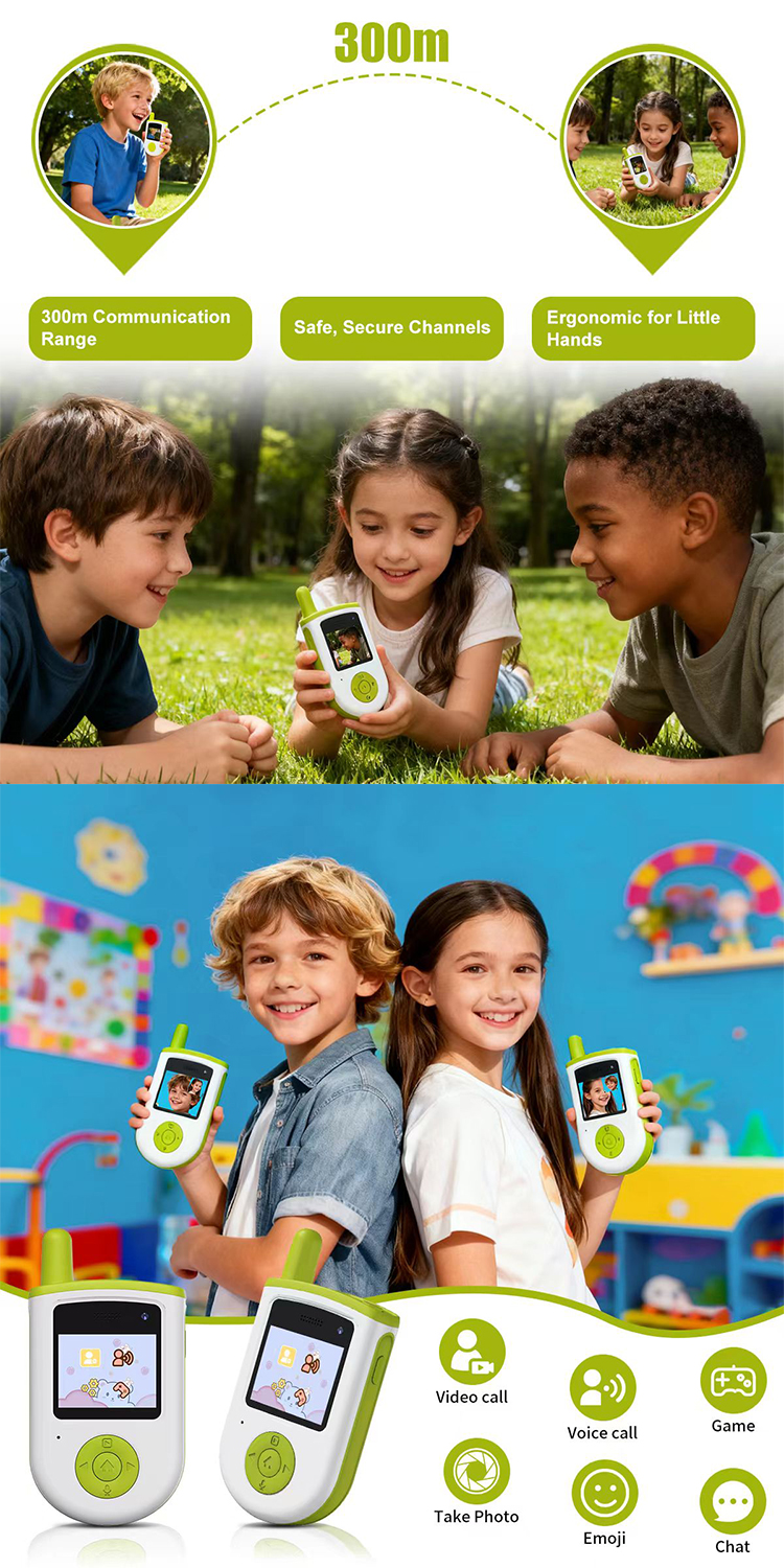 Portable Children Walkie Talkie for Kids 2 Pack in Set 300 Meters Long Range Video Intercom Photo Video Game Music Gifts