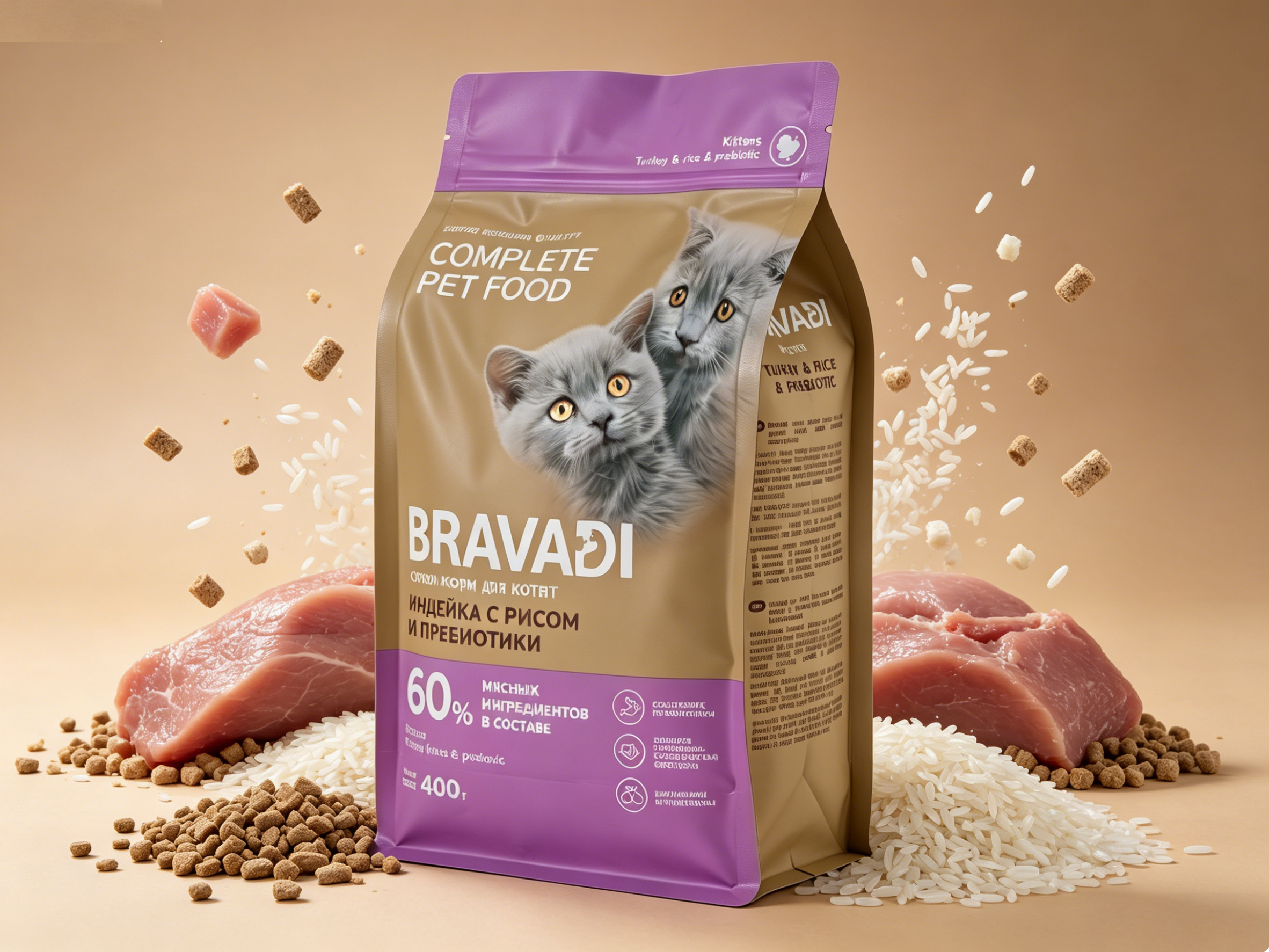 Low MOQ Private Label Pet Food Packaging | Color Block Eight Side Seal Stand Up Zipper Bag For Small Batch Kitten Nutrition Feed Brands