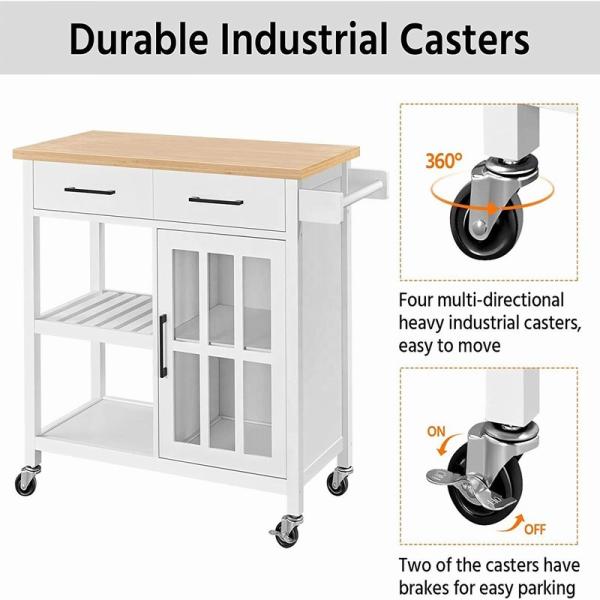MDF Top Kitchen Island Trolley Cart With Open Storage Shelves Cabinets