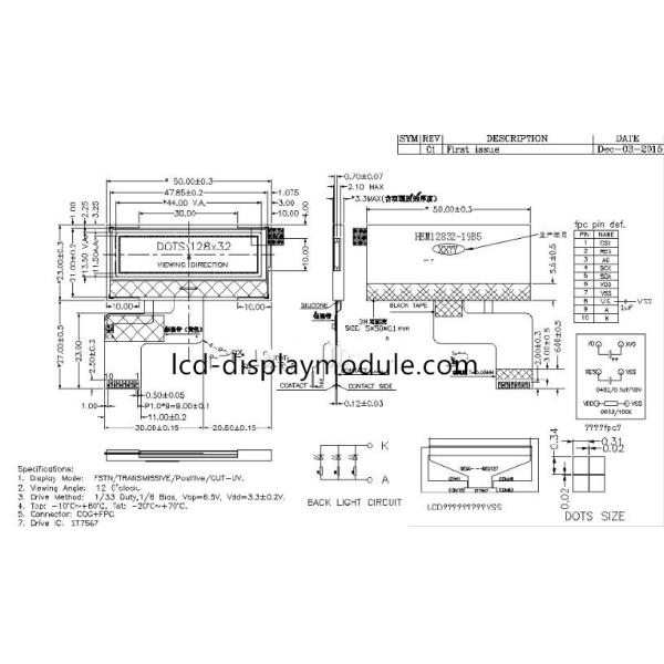 FPC Connector LCD Display Screen FSTN COG Serial Interface Resolution  128 * 32