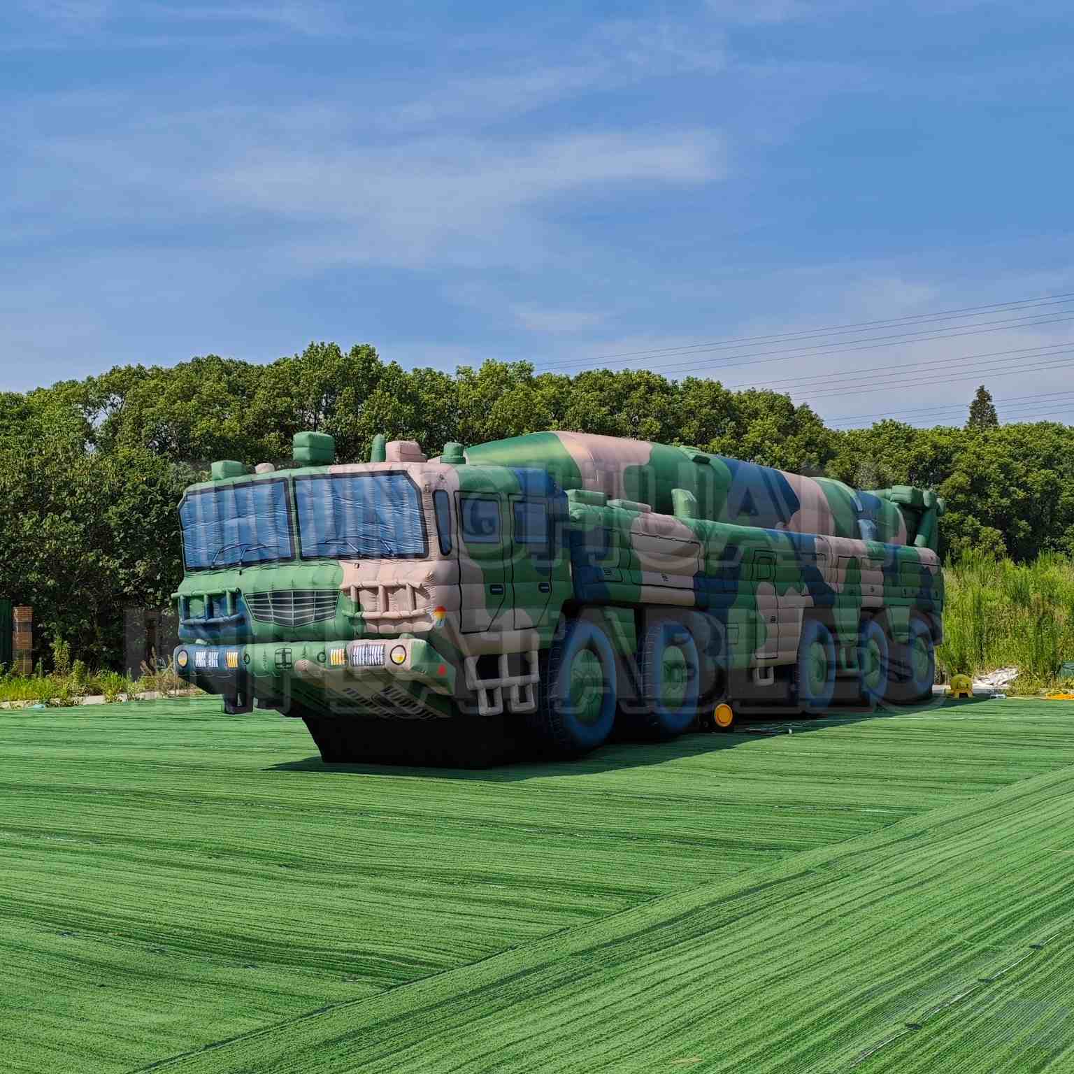 Custom Inflatable Launcher Vehicle Replica with Long Canister Body Multi Axle Chassis and Camouflage Printing for Training Displays and Outdoor Projects