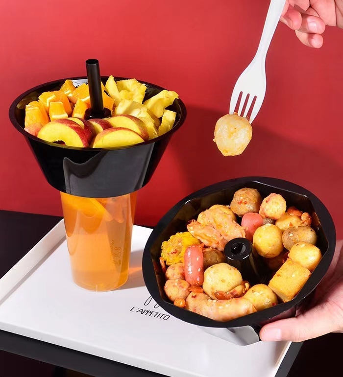ODM Plastic Milk Tea Cup with Snack Tray on Top