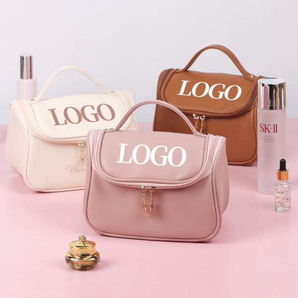 Customized New Arrival Luxury Portable Pu Large White Leather Travel Toiletry Storage Makeup Cosmetic Bags With Logo