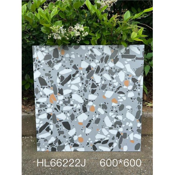Beige Elegant 600x600mm Indoor Floor Antibacterial Terrazzo Ceramic Tiles For Bathroom and Kitchen