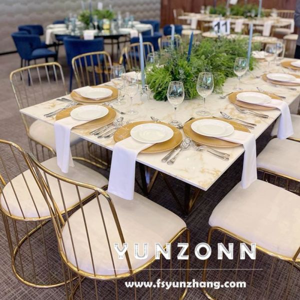 Wedding Furniture Decor Clear Glss Top Gold Rectangular Elegant Dining Table Centerpieces for Dining Room