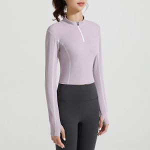 Mint Green Half Zip Cropped Yoga Top for Women, Buttery Soft Stretchy Long Sleeve Athletic Shirt for Workout Running and Gym