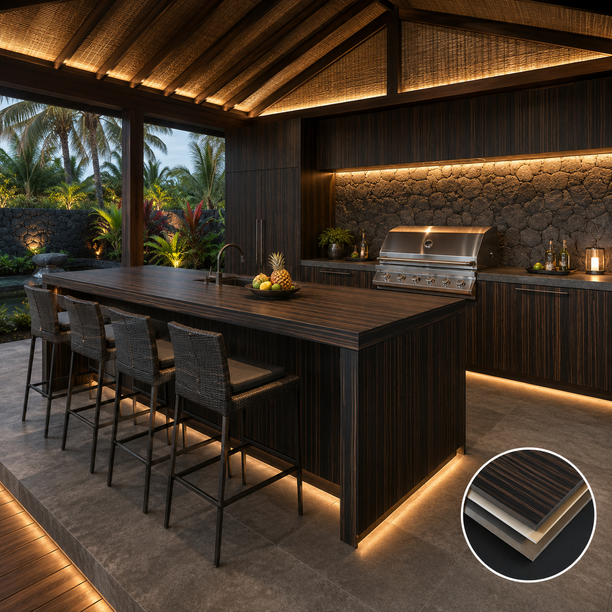 Outdoor Compact Laminate Board Weatherproof HPL Tabletop Panel Teak Wood Grain Phenolic Resin Board For Resort Poolside Dining Table Outdoor Kitchen Cabinet Countertop