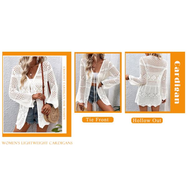 Womens Crochet Cardigan Sweater Kimonos Boho Solid Color Oversized Fall Open Front Outwear Crochet Cardigan Tie Front Hollow Out Long Sleeves Summer Knit Cover Cardigans