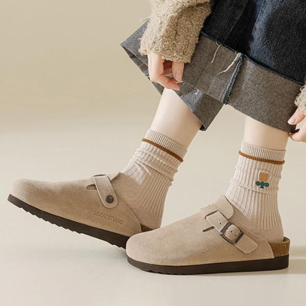 Solid Color Stripe Breathable Cotton Socks Flower Embroidery Crew Women Socks