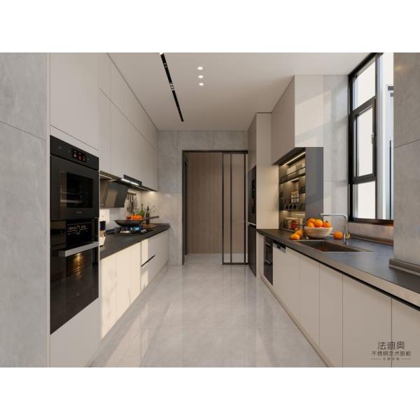 Double-Line Layout Beige Stainless Steel Modern Kitchen Cabinet