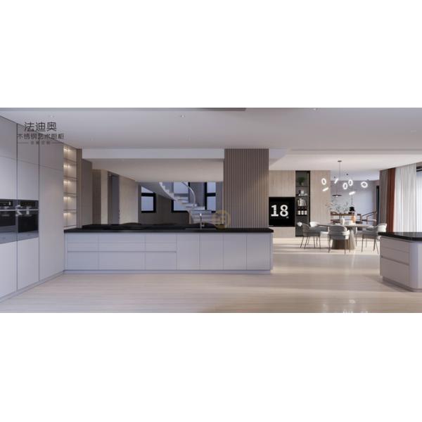 Elegant Grey Stainless Steel Kitchen Cabinet With Curved Island And Multiple Storage Solution