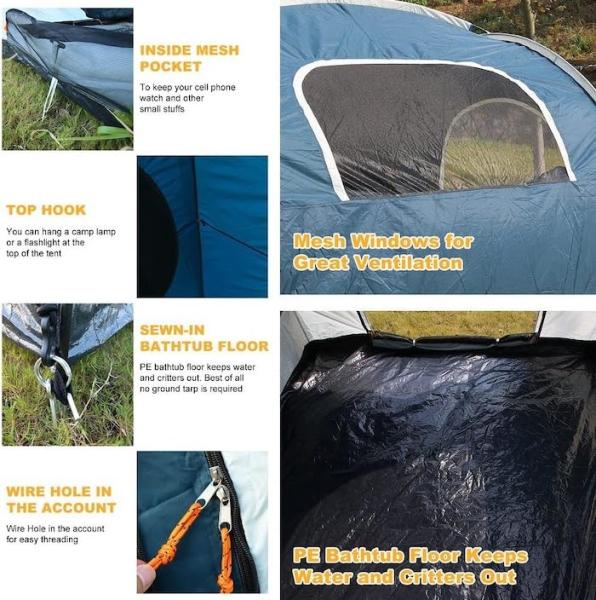 2.44*2.44*2.19M 6 Pessoas azul impermeável revestido de poliéster Car Camping Tent com 2 Windows 4 Temporada Quick Setup