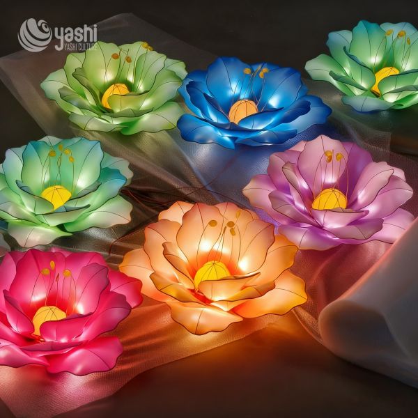 Custom Multicolor Fabric Flower LED Lantern Set, Hand‑Made Floral Light Ornaments for Festival Decoration