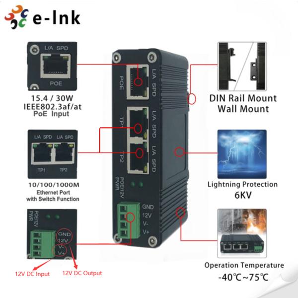 Diviseur industriel d'IEEE802.3af/at PoE avec la fonction de commutateur 2 gauche, tension 12VDC de sortie