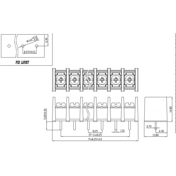 8.25 Pitch Plastic Barrier Terminal Block 2 - 12P PA66 Pass UL VDE UL94V-0