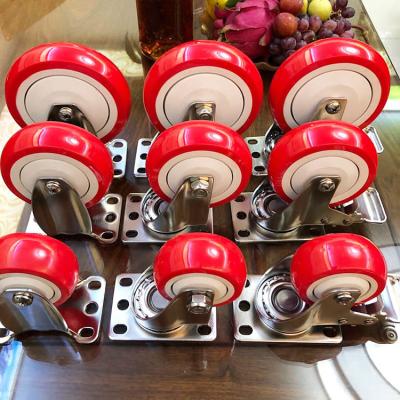 5 Inch Medium Duty Red PU Swivel Locking Stainless Steel Casters With Dust Covers