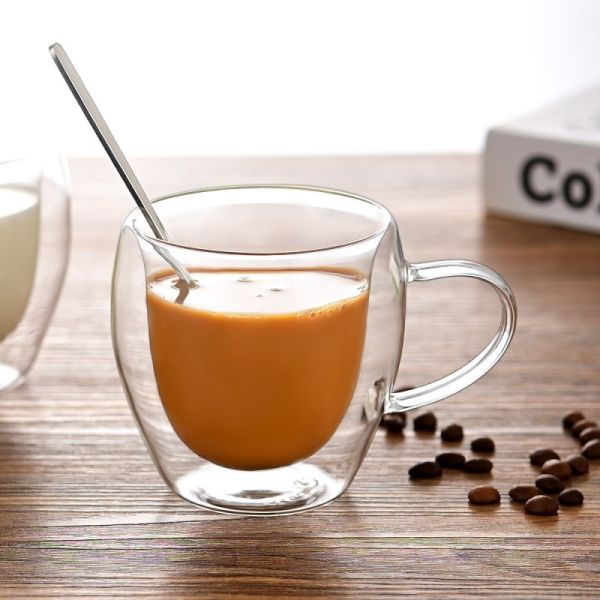 90ml 250ml 350ml 450ml Double Wall Coffee Cups With Handle Insulated Layer Glass Mug
