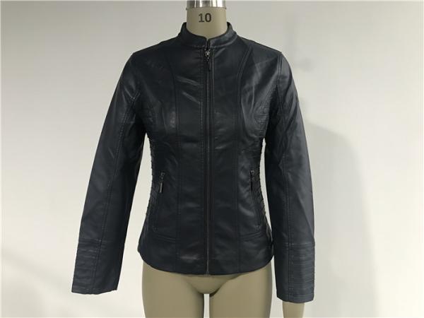 Womens Ink PU Leather Jacket , Female Biker Jackets With Binding Insertion TW77398