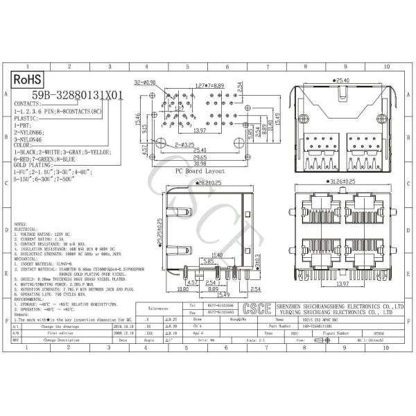 Female 2 x 2 RJ45 Ethernet Jack  8 Pin 8 Contact RJ45 Modular Jack Current Rating 	1.5A