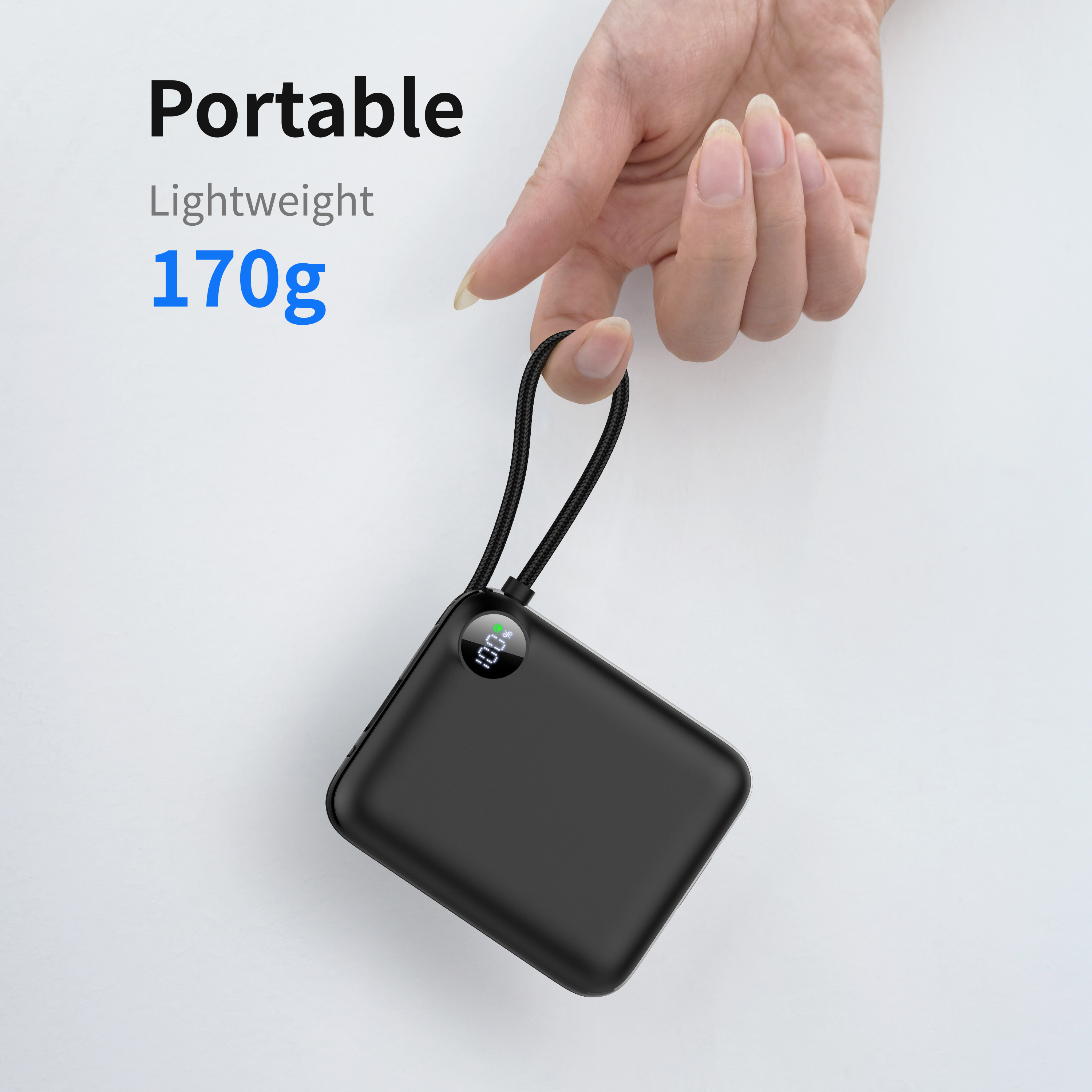 10000mAh Compact Portable Power Bank Fast Charge With Two Built‑in Bidirectional Type‑C Cables, Extra Type‑C Port LED Digital Display Fashion Mini External Battery Pack