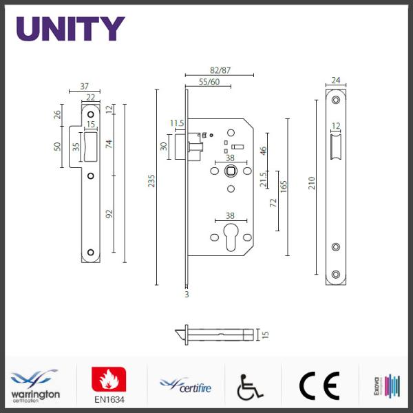 High Security Door Locks , Mortice Euro Cylinder Lock 60mm Backset