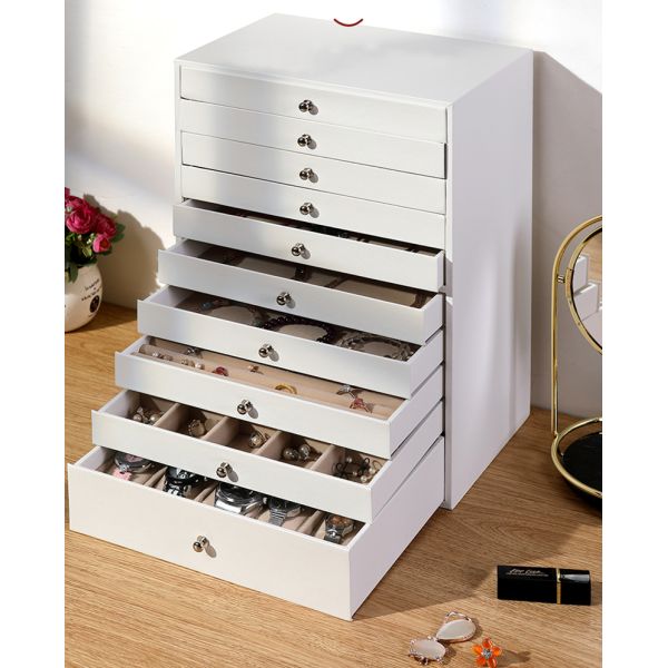 Custom PU Leather Jewelry Organizer Large 10 Layer Jewellery Storage Tray With Drawer