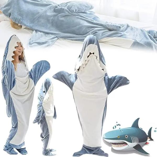 Brushed Pattern Shark Blanket Hoodie Super Soft Flannel Wearable for Adults and Children