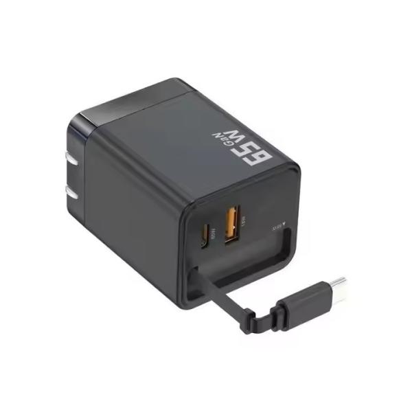 65Wの 65cmの引き取り可能なケーブルガN充電器 (USB-C + USB + C型ケーブル) PD3.0 PPS QC4.0 急速移動充電器