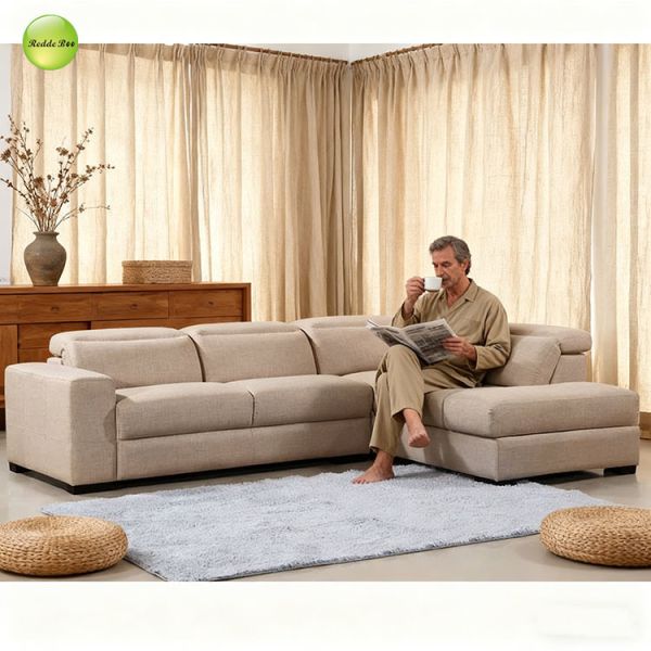 Ergonomic Beige L Shaped Sectional Sofa Velvet Couch Moisture Resistant