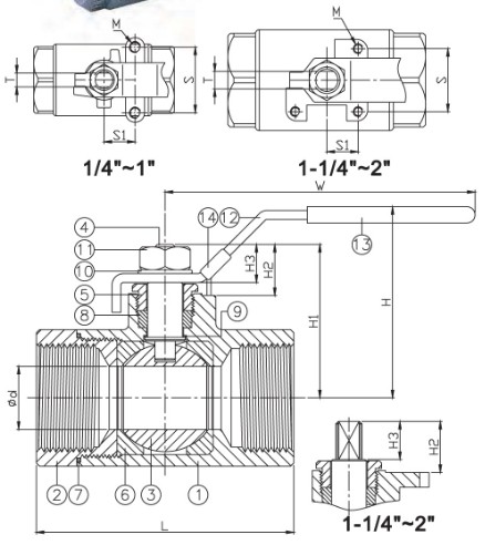 Vávula de bola de acero inoxidable atornillada del extremo 1500WOG con la fijación del dispositivo