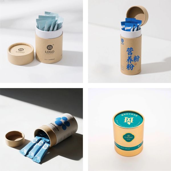 Customizable eco-friendly food-grade protein powder supplement cardboard boxes with sealing caps.