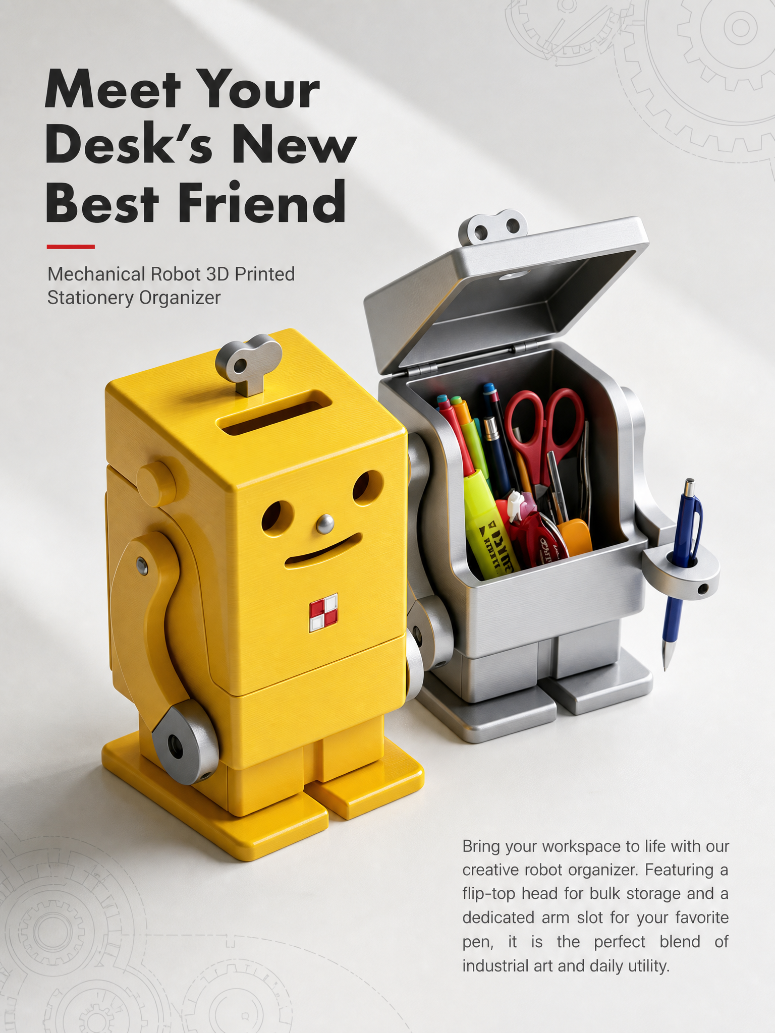 Mechanical 3D Printed Custom Robot Shaped  Dual Storage  Office Pen Holder
