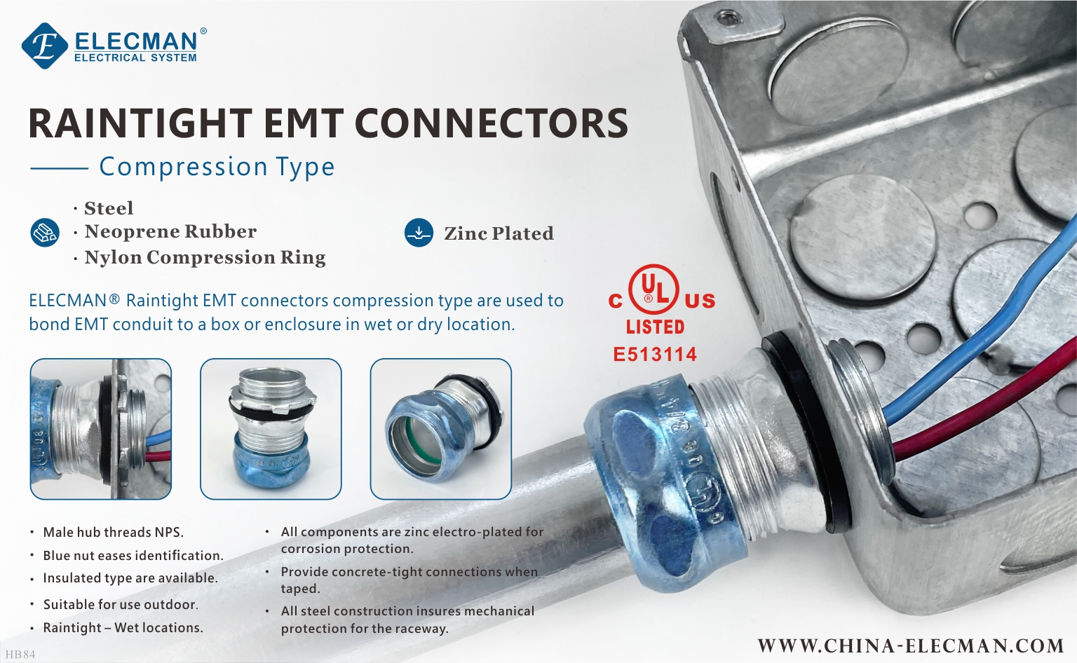 Тип обжатия соединителя стали EMT Raintight - 1 до 1/2»