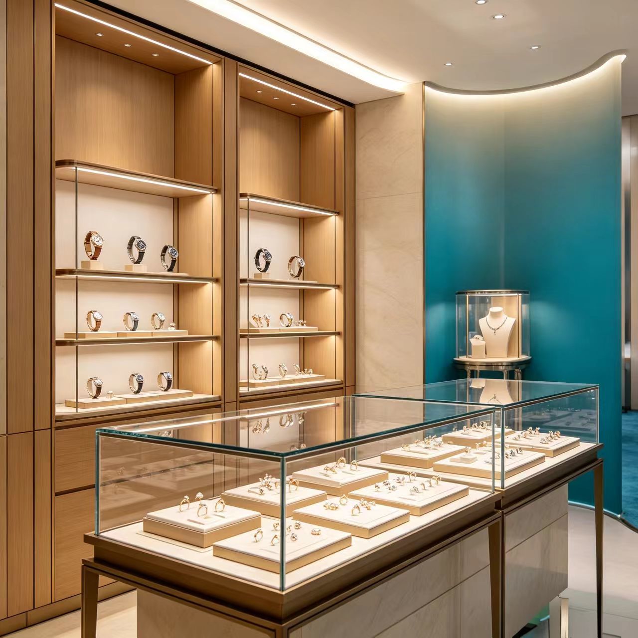 Solid Wood Island Display Cabinet with Ventilated Back Panel and Navy Blue Fluted Base Island Display Storage Cabinet