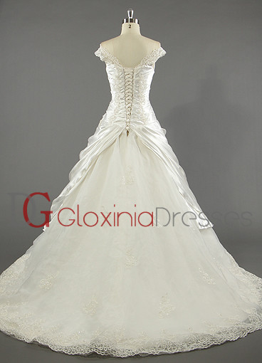 2013 A-line off-the-shoulder train pleated beaded lace satin ivory bridal dresses BDGD1003