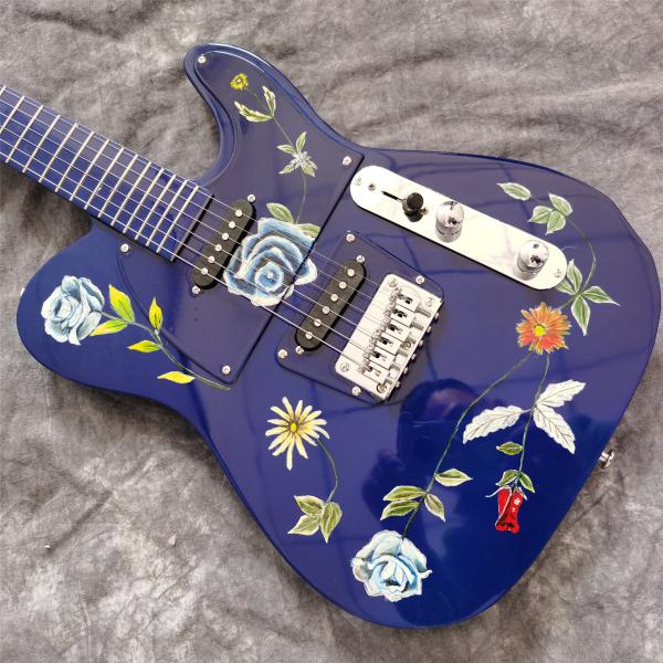 Handmade Painting Flowers on Body Blue Fingerboard and Head Electric Guitar