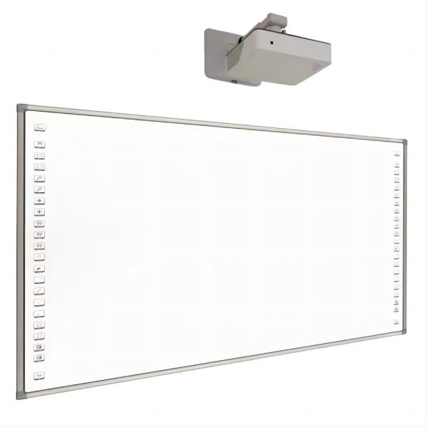 Tableau blanc interactif iBoard infrarouge, barres latérales pour la projection, avec connexion USB en option, avec caméra de projecteur, micro et haut-parleur pour une utilisation primaire, secondaire et de bureau.